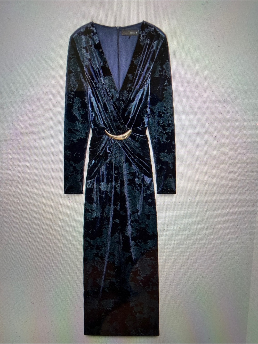 NWT Zara sz L Deep Blue Velvet Midi Dress Gold Accent luxe looking (fits small)
